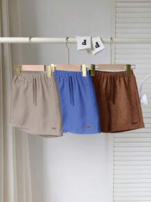 SHEIN 3pcs Young Boys Casual School Solid Color Elastic Waist Drawstring Shorts Set - Navy Blue - View 6