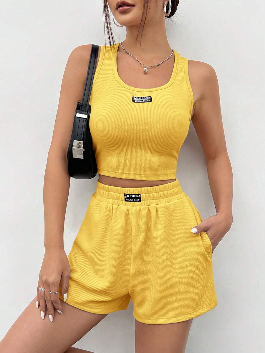 SHEIN EZwear 浅黄色针织无袖女式背心套装 - 鵝黃色 - 查看 1