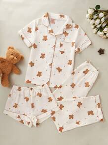 SHEIN 3件套可爱熊、星星和月亮印花女士睡衣套装 - 杏色 - 查看 1