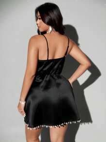 Viva Relle Plus Size Woven Elegant Mini Dress With Pearl Strap - Black - View 6