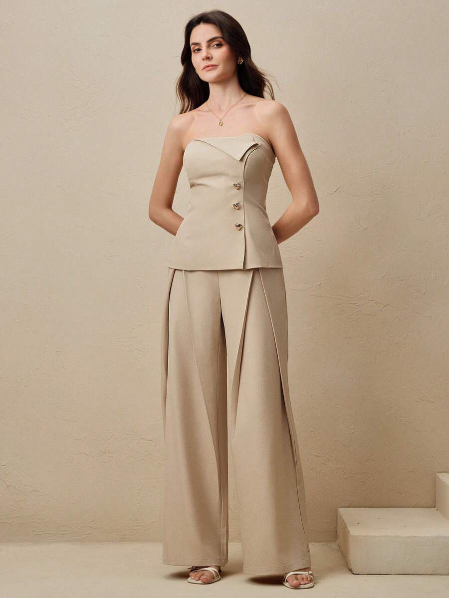 Anewsta Bộ đồ vest nữ áo crop top khóa kim loại bất đối xứng và quần ống rộng, màu be, hiện đại và tối giản - Màu be - Xem 1