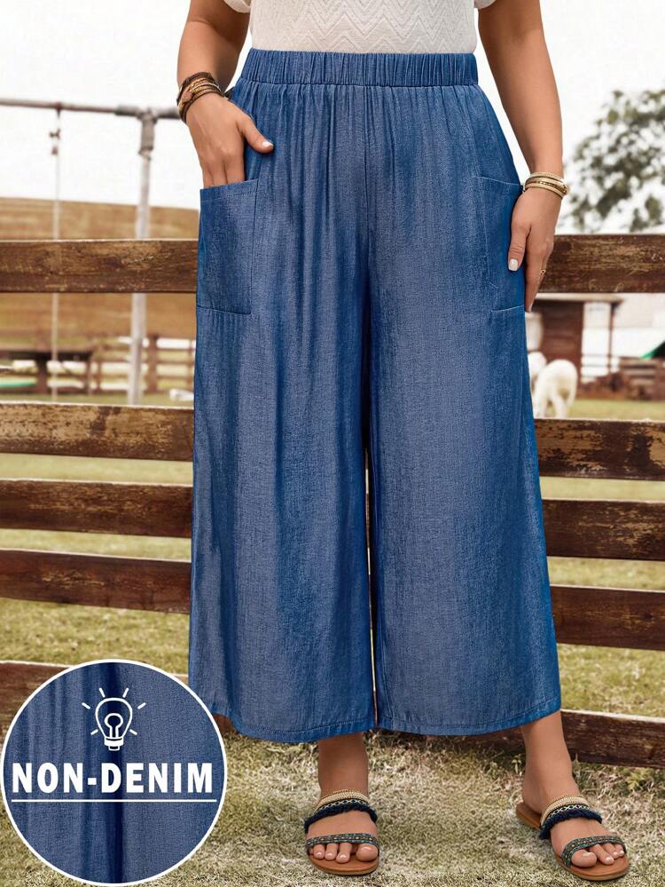 Plus Size Women's Early Spring And Summer Denim Effect 3/4 Pants, Blue Vacation Loose Wide Leg Trousers,Baggy Pants,Casual Everyday Wear