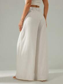 SHEIN PETITE Pantalones casuales de pierna ancha con cintura baja y pliegues de unicolor para mujer - Albaricoque - Ver 2