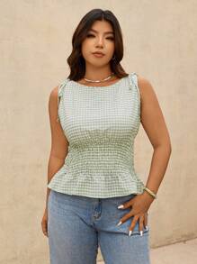 Elaquor Áo ba lỗ không tay viền bèo nhún kẻ caro cỡ lớn cho nữ, mùa hè - màu xanh lá - Xem 7