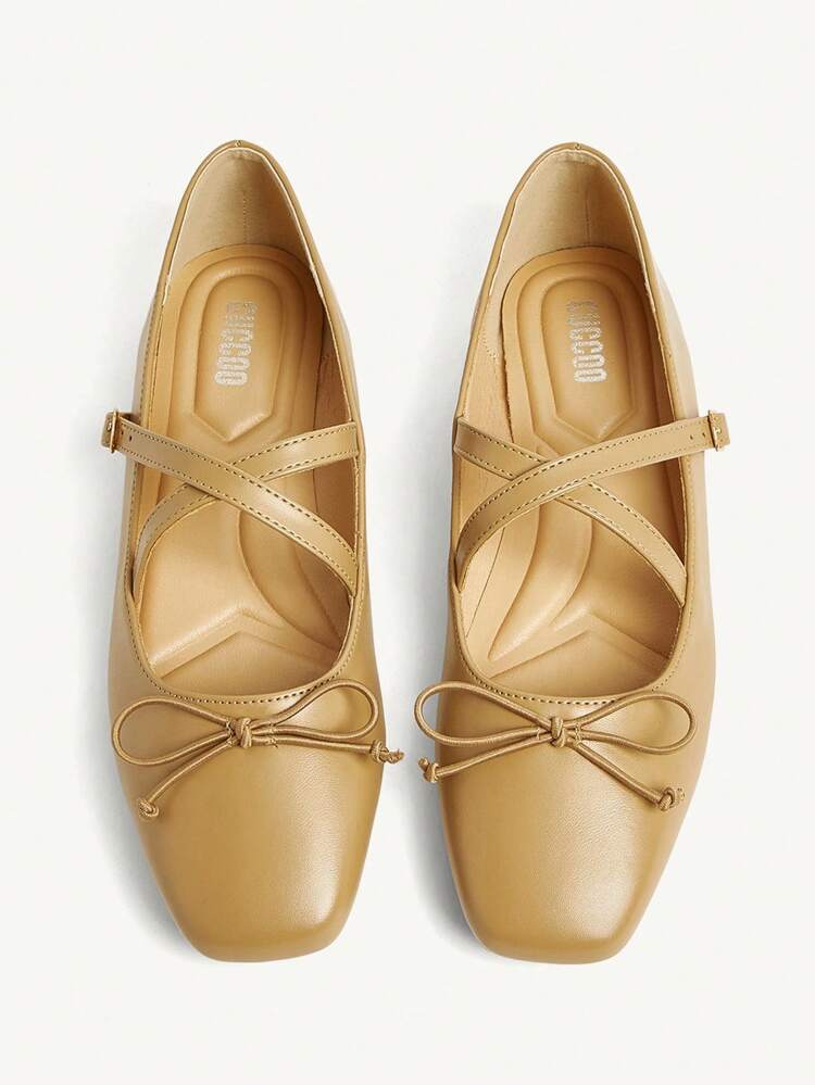 CUCCOO CHICEST Classique rétro pour femmes Plates-formes confort doux carré orteils avec nœud papillon et sangles croisées, en PU abricot, chaussures style "babies", polyvalent pour le bureau, le campus, les déplacements
