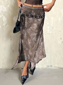 INAWLY 女式不对称下摆豹纹时尚中长裙，重返校园 - 彩色 - 查看 4