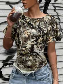 INAWLY T-shirt ajusté avec manches chauve-souris, col bateau, plissé, imprimé d'anciens arbres, pour femme en été - Militaire verte - Voir 7