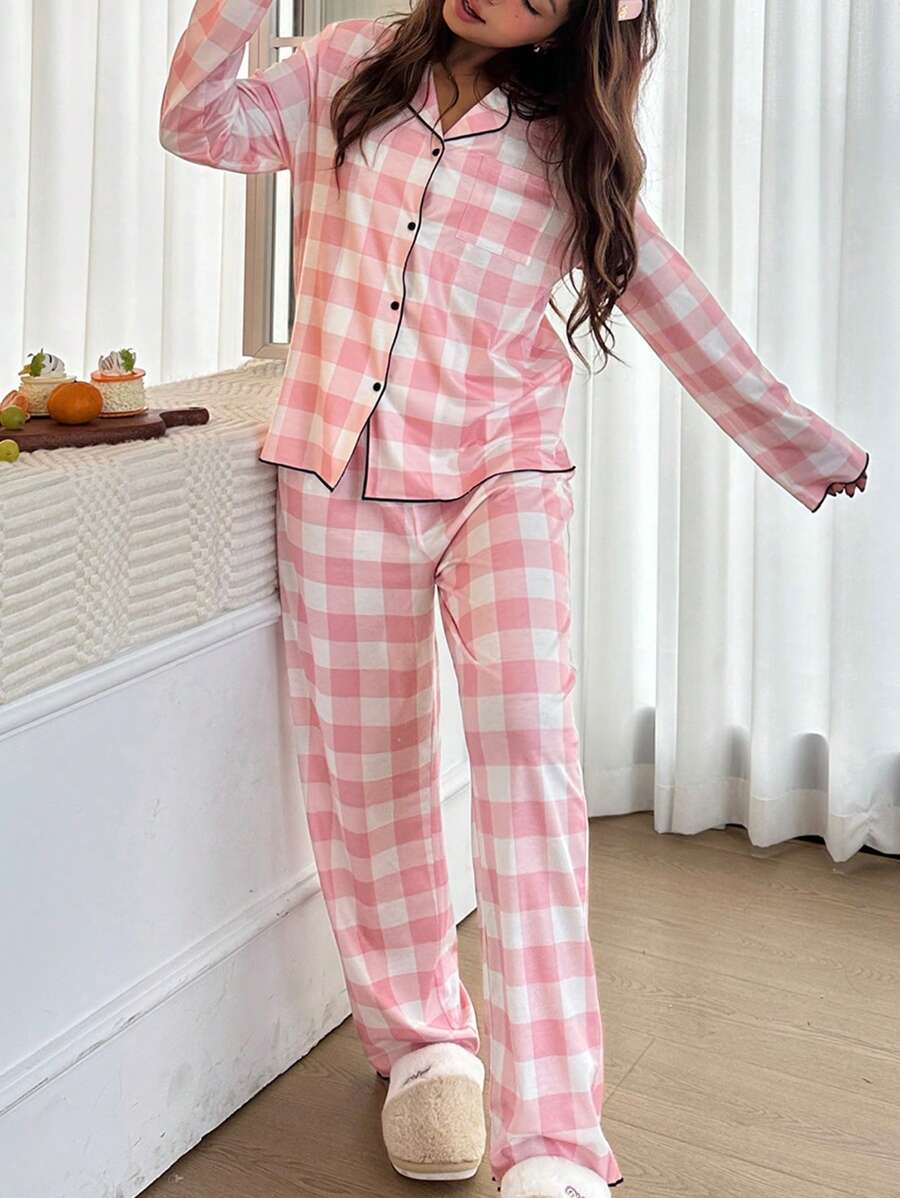 SHEIN 2pcs Teen Girls Casual Sweet Plaid Pattern Collar Pocket Button Front Long Sleeve Top + Loose Comfy Straight Leg Pants Pajama Set