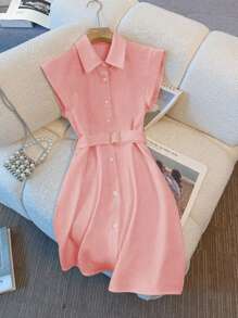 Franclia Solid Color City Casual Commute Style Women Mid-Length Dress - Pink - View 3