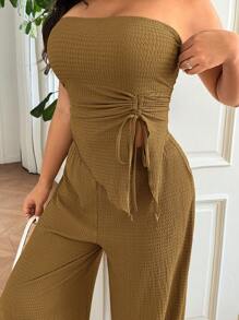 CovetEZ 大码两件套：纹理印花无袖短款上衣和阔腿裤，春夏休闲风格 - 摩卡棕 - 查看 5