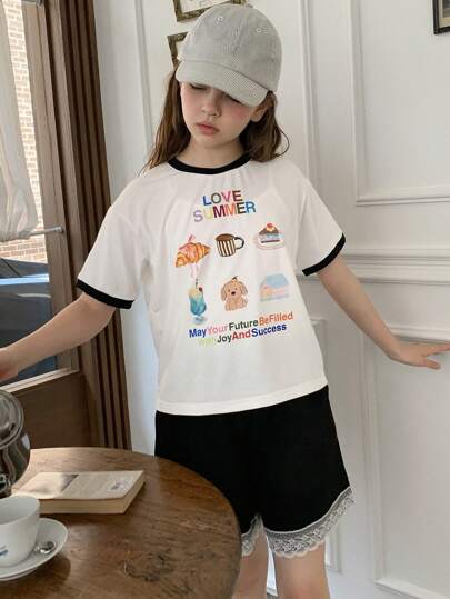 DAZY Girls 2pcs/Set Printed Crew Neck Short Sleeve T-Shirt + Skirt Set, Tween Girl Fall Clothes