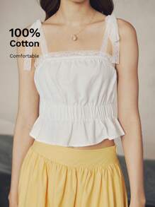 Chiquease Top corto sin mangas con cintura entallada, bajo con volantes y parches de encaje estilo romántico vacacional para mujer en color verde