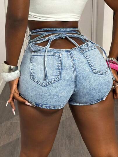 Slaydiva Women's Casual High Waist Denim Shorts With Pockets And Tie Waist Design, Versatile