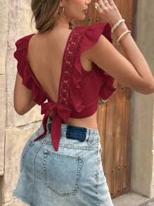 SHEIN Frenchy Women's Solid Colored Lace Patchwork Bowknot Ruffle Sleeve Blouse Christmas Thanks Giving Summer New Year Valentine's Day Vacation Holiday Resort - Red - View 9