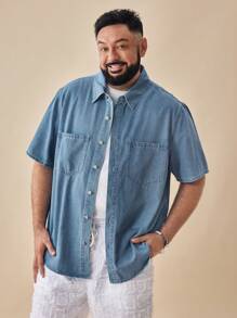 EASEVO Plus Size Men's Casual Blue Denim Short Sleeve Shirt, Suitable For Summer