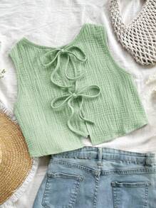 SHEIN LMoss Kids Top sin espalda con lazo y tejido texturizado con detalles informales y de corte evasé para niña joven, para primavera y verano