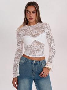 SHEIN BAE Elegant White Lace Stitching See-Through Tops,Autumn Minimalist Long Sleeve Tops For Tea Party,,Brunch,Commuting & Daily Wear - White - View 5