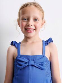 SHEIN Young Girls' Summer Ruffle Strap Bow Knot Faux Denim Jumpsuit