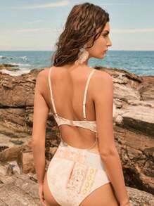 Anewsta 1pc Paisley Print Ruffle Halter One-Piece Swimsuit For Summer Beach Vacation - Multicolor - View 2