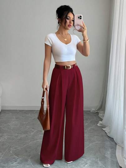 Elenzga Falda pantalón de tiro alto en unicolor albaricoque, combinada con un cinturón retro, elegante estilo adecuado para uso diario y laboral, temporada de graduación, festival de música retro elegante, carreras de caballos