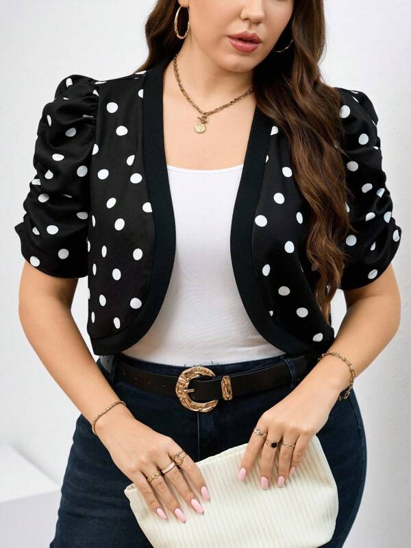 SHEIN Clasi Plus Size Elegant Polka Dot Print Short Sleeve Knitted Jacket, Suitable For Work Wear