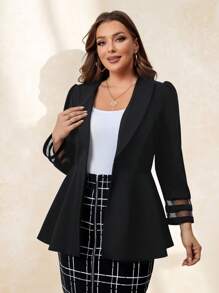 SHEIN Clasi 秋冬披肩领网眼拼接荷叶边西装外套 - 黑色 - 查看 4