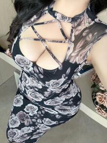 Vibekara Retro Elegant Hollowed-Out Mandarin Collar Cheongsam Style Mini Dress With Slit, Fitted Slim Summer Sexy Floral Print Party Dress For Young Women - Black - View 5