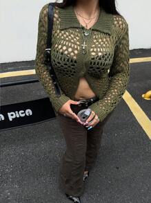 POPSWAY Duży damski dzianinowy kardigan w stylu boho, swobodny na wiosnę/lato/jesień, odpowiedni na wakacyjne wyjścia - Wojskowa Zieleń - Zobacz 5