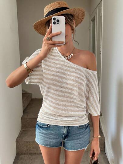 Easowa 宽松宽松不对称领口条纹针织毛衣女式演唱会女式外出上衣女式网眼上衣