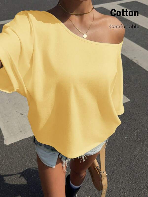 SHEIN EZwear Tricou galben tricotat cu un umăr și mânecă scurtă pentru femei, croială lejeră
