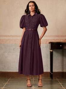 Anewsta فستان أنيق بتصميم رقعي بنقشة الزهور مع كشكشة في الأسفل وخصر مخصر، باللون البنفسجي، مناسب للعطلات والحفلات والمناسبات، للربيع والصيف - الأرجواني - مشاهدة 5