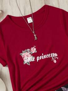 SHEIN 毛孩女孩花卉&字母圖形t恤和緊身褲