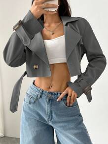 SHEIN EZwear Women's Dark Grey Lapel Button-Front Long Sleeve Short Trench Coat In Fall/Winter - Dark Grey - View 4