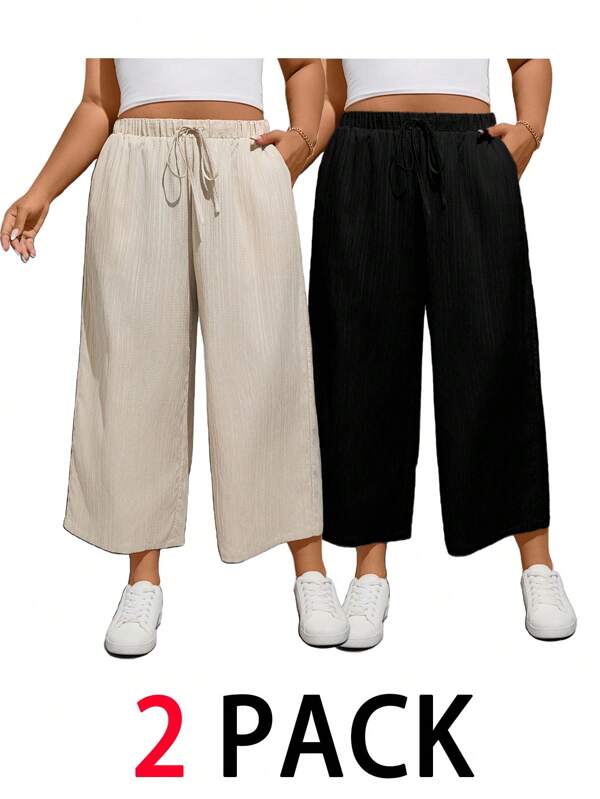 SHEIN Essnce Pantalones casuales y cómodos de verano de talla grande, pantalones capri, 2 piezas, pantalones de verano de cintura alta y pierna ancha, pantalones casuales sueltos y cómodos