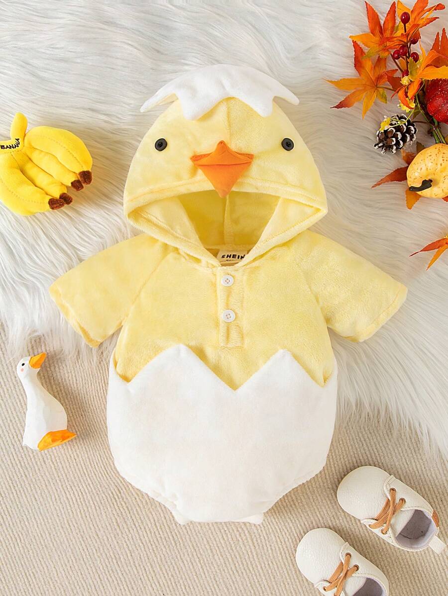 SHEIN Playful Pals 2024 年新品 舒适可爱男婴小鸡形连帽连身衣,保暖内衬 - 黃色 - 查看 1