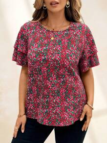 SHEIN Clasi Elegante Bluse mit Rüschen und Blümchen Muster in Große Größen, Urlaubsstil, Sommer für Frauen, Sommerbluse, züchtige Frauen, Blümchen, lustig, geeignet für eleganten Alltags-Look, Urlaubsfrau, Sommer für Frauen, Business-Casual-Frau, Ausgehoberteil für Frauen, Büromode für Frauen, Frühling für Frauen, Festival, Old Money, Kurzarmbluse für Frauen, elegante Frau, züchtige Frauen, Lässig-Oberteil für Frauen, Frühlingsferien, St. Patrick''s Day - Verschiedenfarbig - Übersicht 3