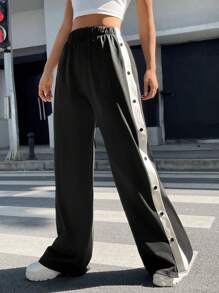 SHEIN EZwear Contrast Side Seam Split Hem Button Detail Trousers - Black and White - View 3
