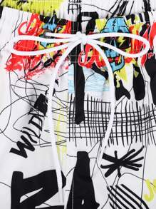 Manfinity Swimmode Men's Letter Print Drawstring Waist Pocket Beach Shorts Cute Style, Hawaiian BeachModeOn