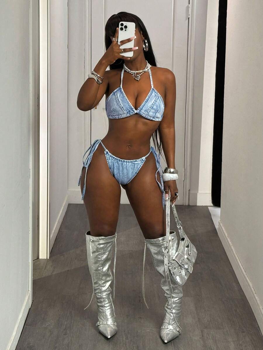 Slaydiva Women's Sexy Form-Fitting Ultra-Short Denim Shorts, Blue  Beach Women Outfits Summer Bottoms Women Swimsuit Bottoms For Women Summer Outfits For Women Vacation Outfits Woman Beach Outfits For Woman Beach Beach Outfits For Woman - Light Wash - View 1