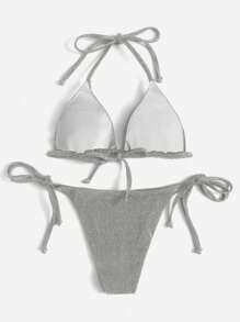 Swim Vcay 女士纯色闪亮吊带性感比基尼泳装套装，夏季海滩 - 灰色 - 查看 2