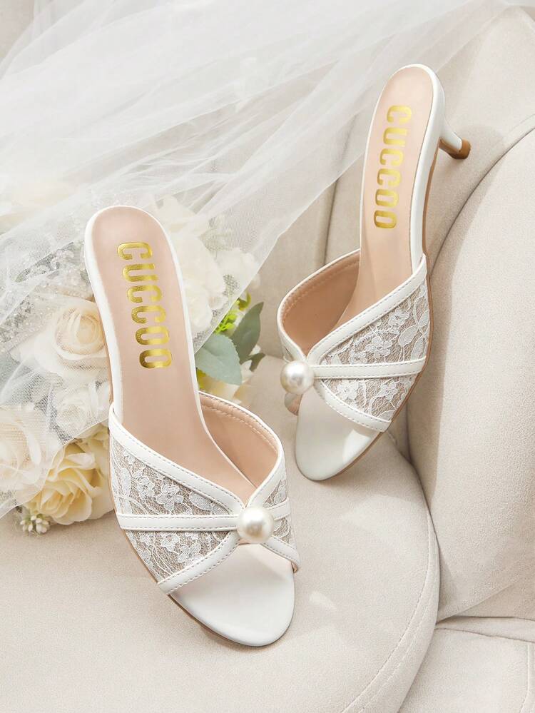 CUCCOO HITCHD Fashion Round Toe Kitten Heel White Lace Pearl Wedding Party Dress High Heel Sandals Women Peep Toe Slippers For Christmas Elegant Shoes Wedding Shoes Summer Shoes Bride Shoes