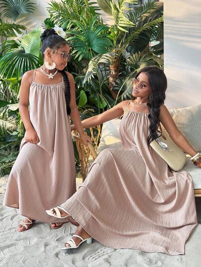 SHEIN Tween Girl Summer New Music Festival, Easter, St. Patrick's Day, Western, Nomadic Style Dress, Suitable For Birthday Party, Graduation, Student Wear, Daily Casual, Vacation, Cruise Travel, Beach, Sunbathing, Popular Online Blogger Style, Adjustable Strap, Vertical Texture, Loose Fit, Khaki Color Dress,Mommy And Me Matching Outfits(2 Pieces Are Sold Separately)