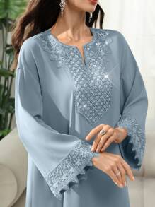 SHEIN Najma Váy hoa trang trí đính cườm tay loe cổ chữ V thanh lịch, phong cách Ả Rập, xuân/hè - Màu xanh bụi bặm - Xem 5