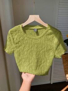 Comfortcana Beige Knitted Jacquard Round Neck Basic Short Sleeve T-Shirt, Summer - Olive Green - View 3