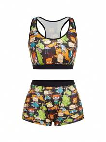 Nick 90s | SHEIN Plus Size Cartoon Graphic Bralette i Boyshorts Bielizna Zestaw - Czarne - Zobacz 3
