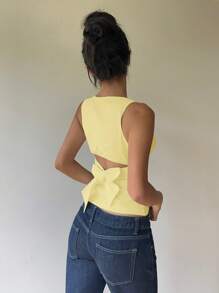 Aloruh Women's Commuting & Daily Wear Backless Bow Decor Round Neck Sleeveless Shirt, Yellow Top - Yellow - View 3
