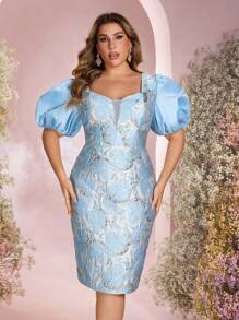 SHEIN Belle 加大码优雅浪漫海军蓝深 V 心形领缎面提花拼布泡泡袖婚纱，适合派对穿着 - 藍色 - 查看 1