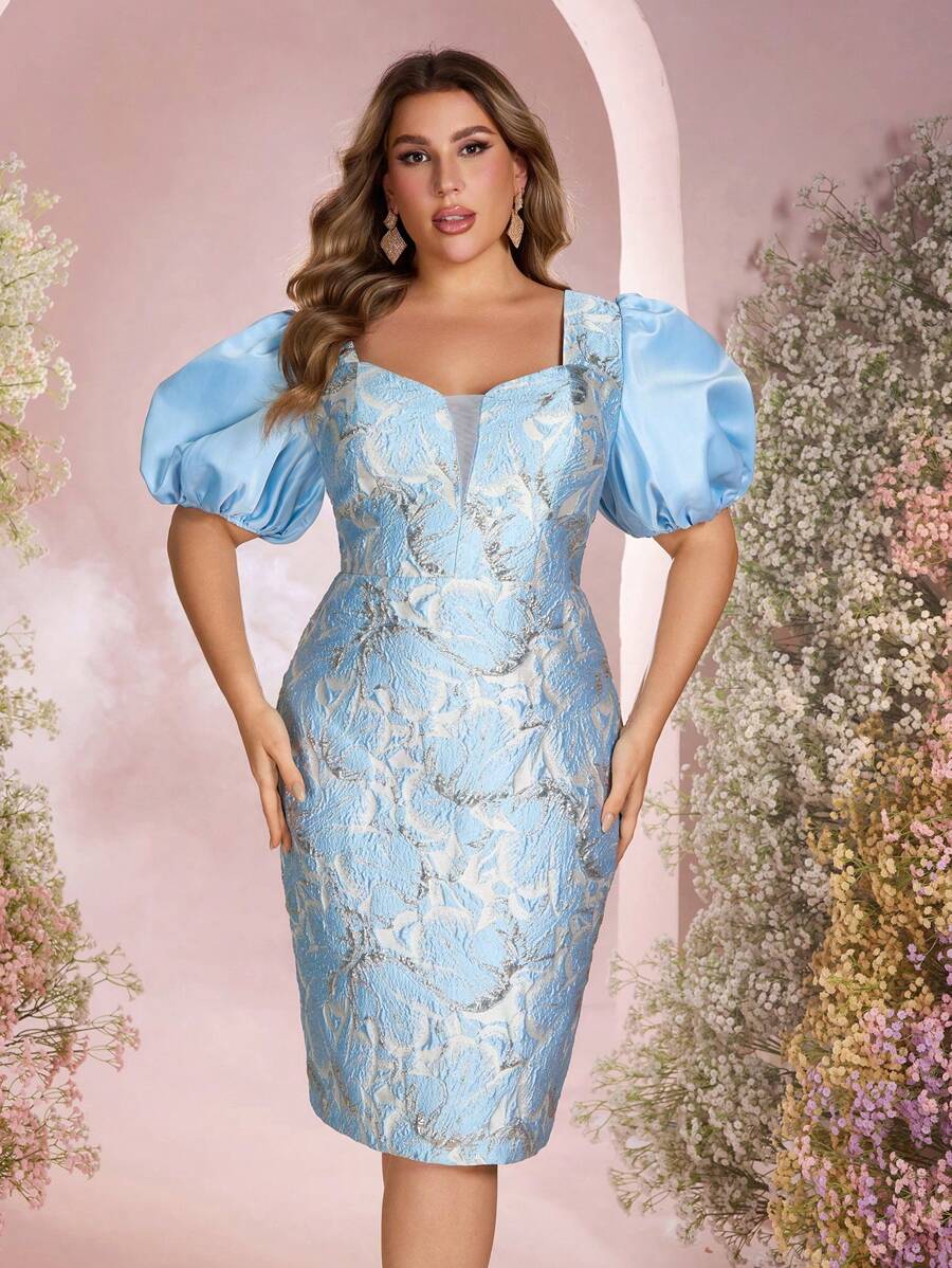 SHEIN Belle 加大码优雅浪漫海军蓝深 V 心形领缎面提花拼布泡泡袖婚纱，适合派对穿着 - 藍色 - 查看 1