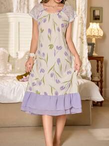 CottageSlumber Camisón largo con estampado floral romántico, parches de encaje, volantes y bloques de color perfecto para verano y vacaciones