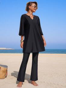 Swim Mulvari Women Black Plain Long Sleeve V-Neck Top And Wide Leg Flare Pants 2-Piece Outfit For Summer Beach Vacation